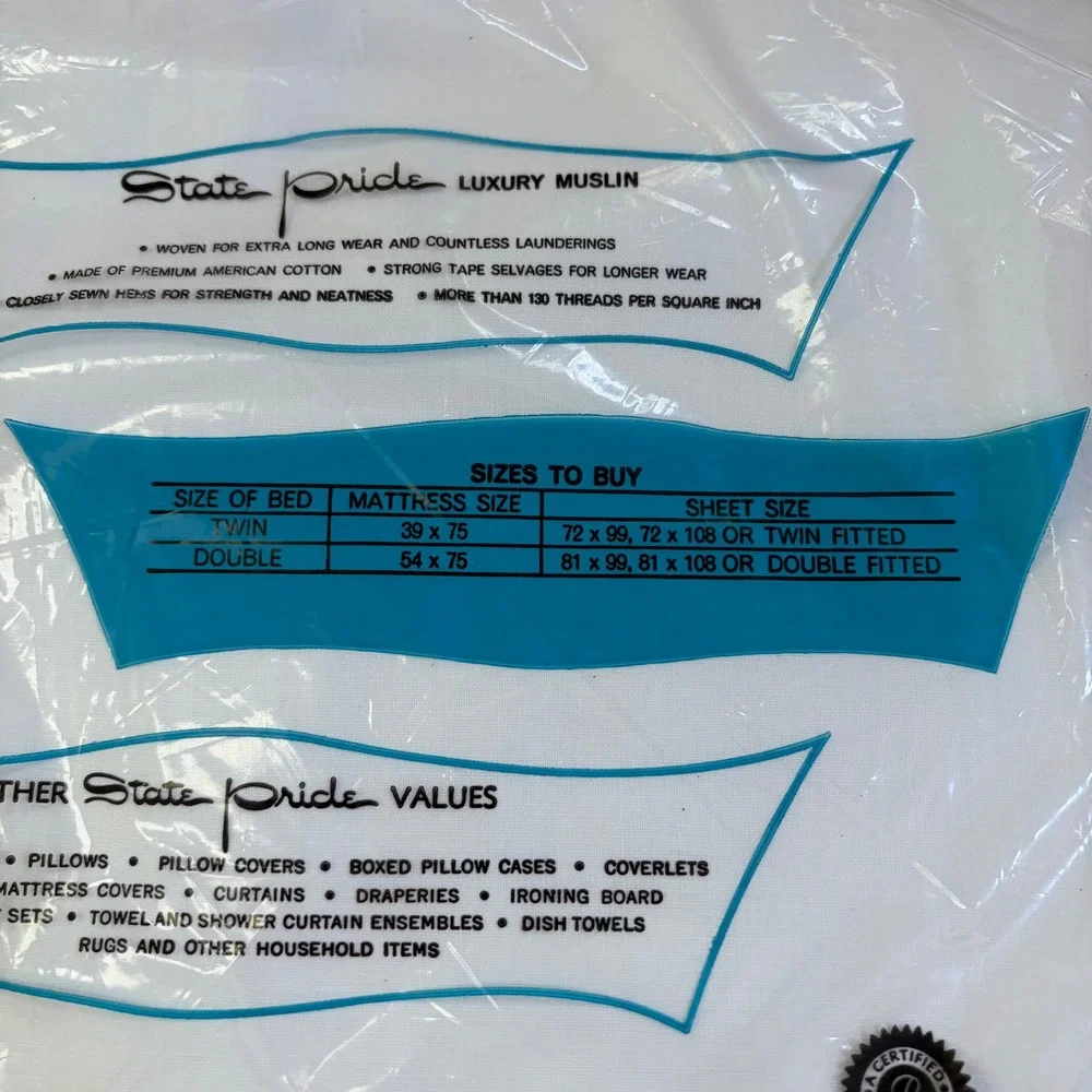 Vintage State Pride Twin Flat Sheets Set 2 100% Cotton White Luxury‎ Muslin NOS